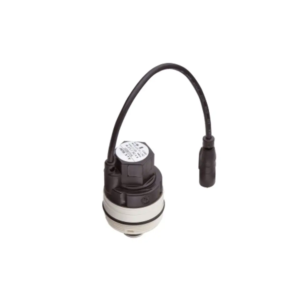 Kartuschenventil von Hansgrohe mit einem Anschlusskabel, geeignet für elektronische Waschtischmischer. Das Produkt hat einen kompakten Aufbau mit verschiedenen Anschlussteilen.